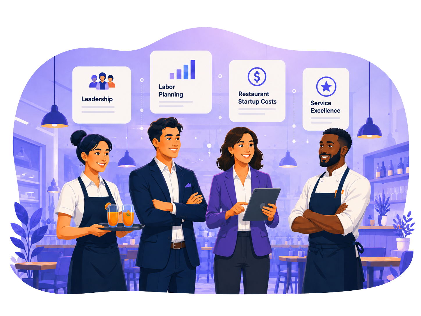 Hospitality professionals with learning cards for leadership, labor planning, restaurant startup costs, and service excellence